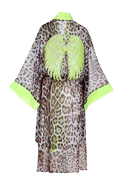 Gaintart Leopar Ipek Şifon Üzeri Neon Sarı Biye Ve Kuşaklı Arkası Melek Kanad...