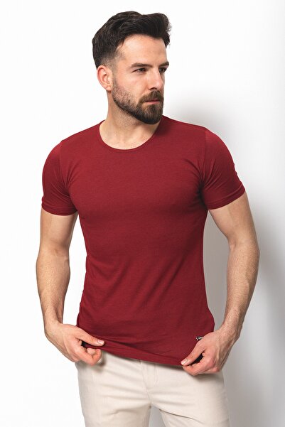 Mcr Ανδρικό μπλουζάκι με λαιμόκοψη, μονόχρωμο Super Slim Fit, Claret Red - 36362.17Y