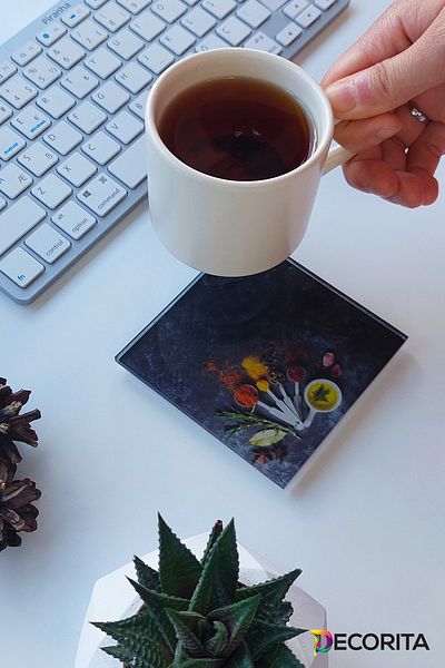 Decorita Glass Coaster| Set of 4 Spice Condiment| 10cm X 10cm