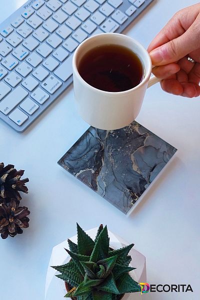 Decorita Glass Coaster| Set of 4 Gray Gold Marble| 10cm X 10cm