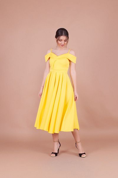 Bidoluelbise Women's Strappy Off-Shoulder Detail Pleated Midi Dress