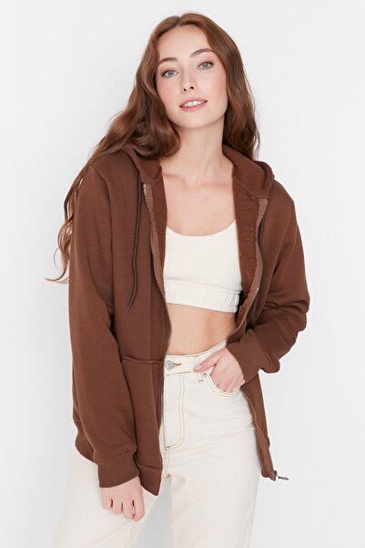 Trendyol Collection Hnědá mikina Oversize/Wide Fit Silná fleecová mikina s kapucí TWOAW21SW0840