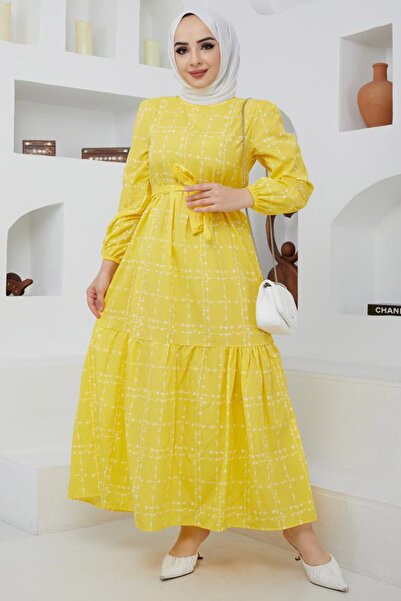 Feiza Collection Desenli Tesettür Elbise - Sarı