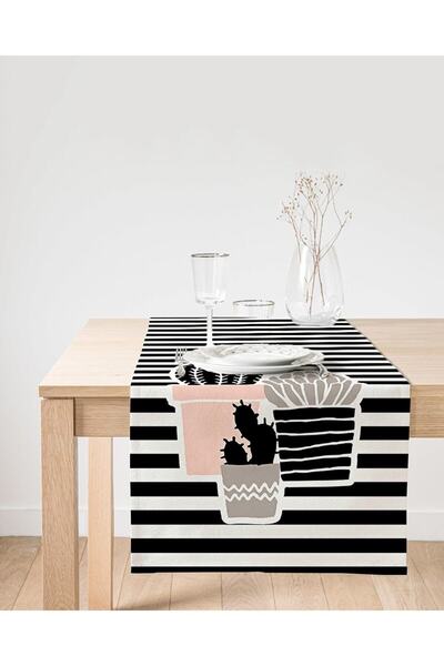 Realhomes Black Striped Cactus Patterned Digital Printed Special Design Suede...