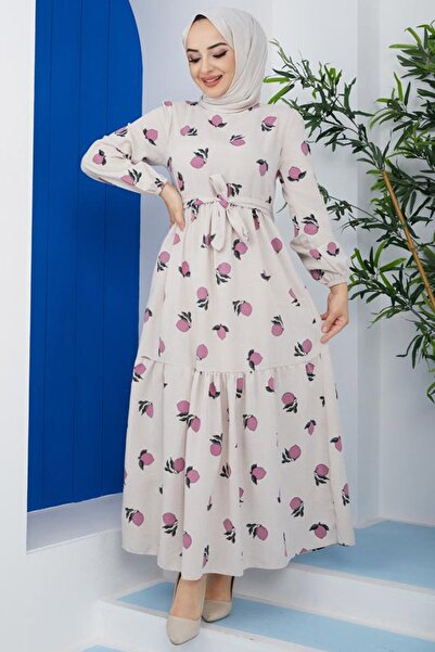 Feiza Collection Limon Desenli Tesettür Elbise - Pembe