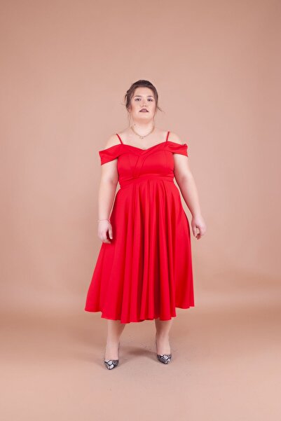 Bidoluelbise Women's Plus Size Strappy Off-Shoulder Detail Pleated Midi Dress