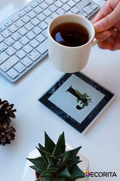 Decorita Glass Coaster| Letter Design| Set of 4| J| 10cm X 10cm