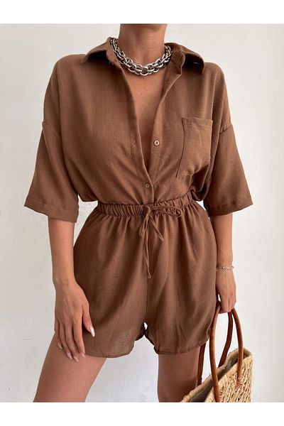 LB Laluna Butik Women's Brown Linen Fabric Oversize Shirt Shorts Set