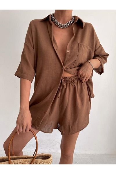 LB Laluna Butik Women's Brown Linen Fabric Oversize Shirt Shorts Set