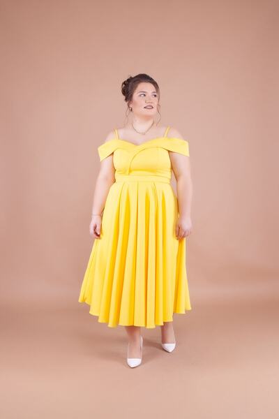 Bidoluelbise Women's Plus Size Strappy Off-Shoulder Detail Pleated Midi Dress