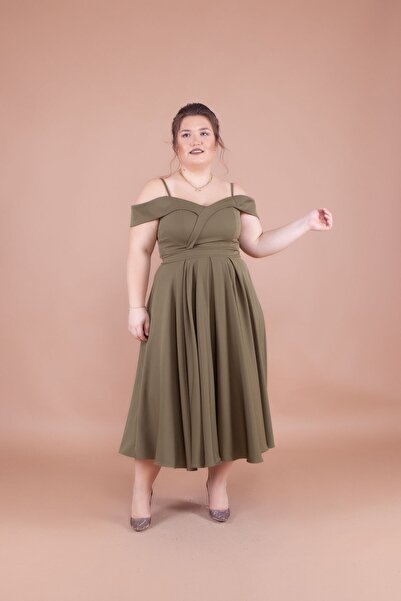 Bidoluelbise Women's Plus Size Strappy Off-Shoulder Detail Pleated Midi Dress