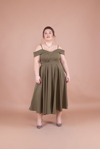 Bidoluelbise Women's Plus Size Strappy Off-Shoulder Detail Pleated Midi Dress