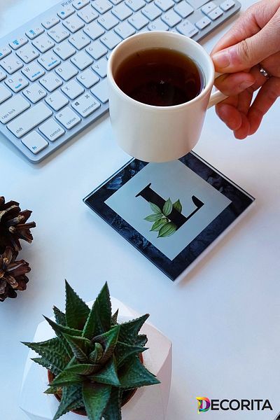 Decorita Glass Coaster| Letter Design| Set of 4| L| 10cm X 10cm