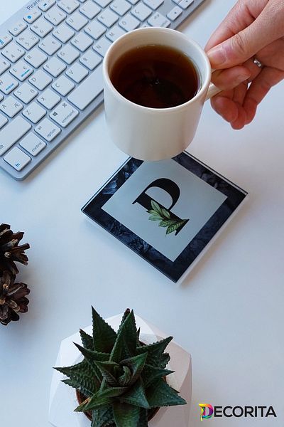 Decorita Glass Coaster| Letter Design| Set of 4| P| 10cm X 10cm