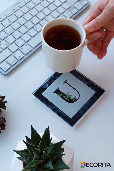 Decorita Glass Coaster| Letter Design| Set of 4| U| 10cm X 10cm