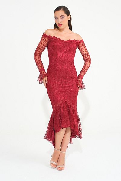 SpringStore Rochie de seară cu mânecă lungă de culoare burgundy