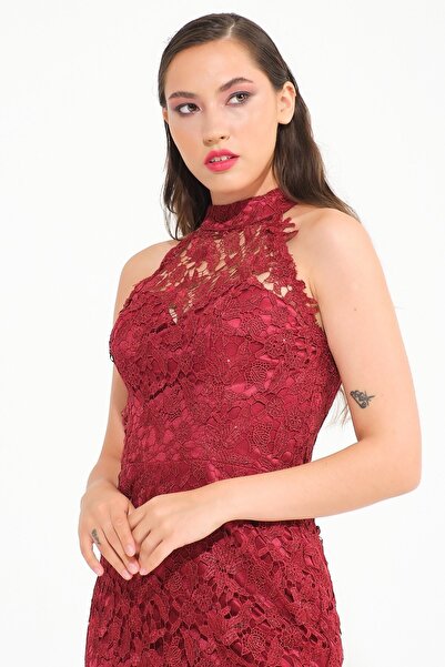 SpringStore Bordo Halter Yaka Güpürlü Abiye