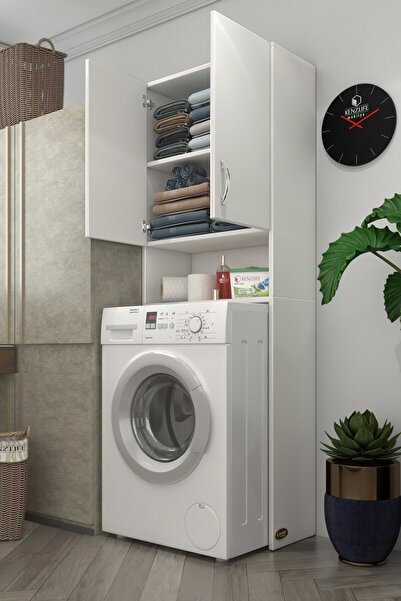 Reggio Atelier Bath Çamaşır Makinesi Dolabı 3 Raflı Kapaklı Banyo Dolabı Beyaz