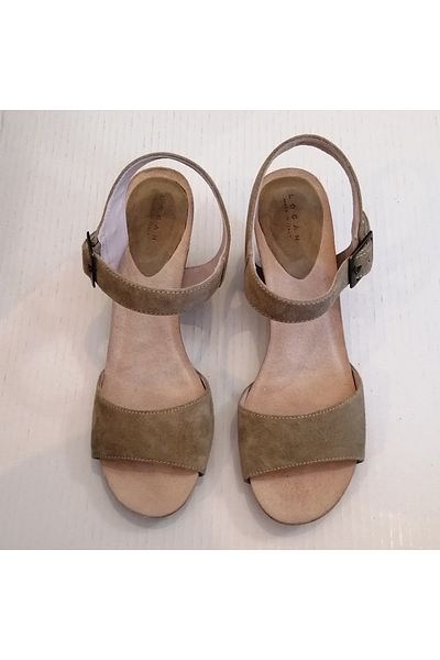 Logan Women's Suede Ecru Single Front Strap Ankle Bronze Buckle Strap Wedge Heeled Sandals