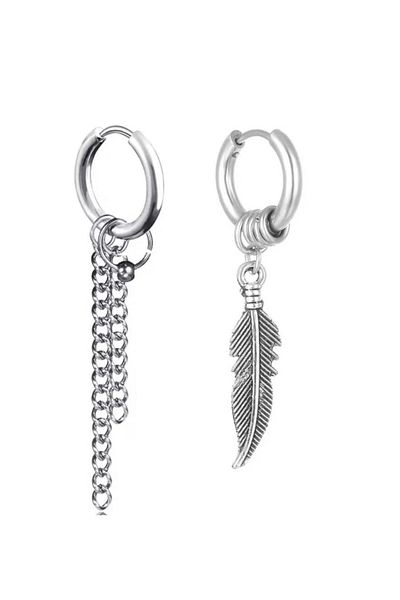 Jaida Moda Unisex Silver Feather And Chain Dangle Steel Hoop Earrings
