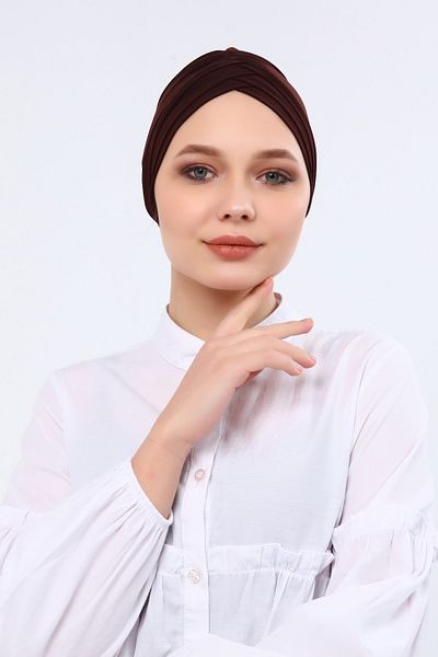 Naciye Sultan Cross Three-Striped Marine Bonnet Ready Turban Hijab Bonnet Brown