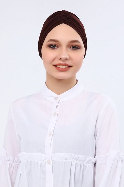 Naciye Sultan Cross Three-Striped Marine Bonnet Ready Turban Hijab Bonnet Brown