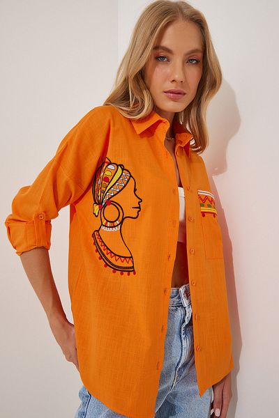 Happiness İstanbul Cămașă oversize din in, cu broderie portocalie, DE00004