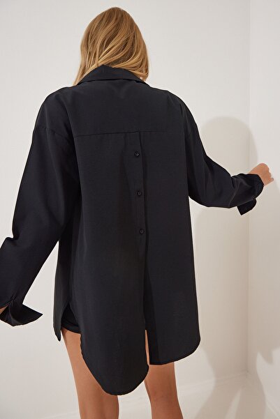 Happiness İstanbul Női fekete hátsó gombos oversize poplin ing DD01103