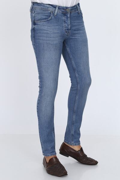 Genel Markalar Jeans Dar Kesim Erkek Yıpratmalı Kot Pantolon Açık mavi