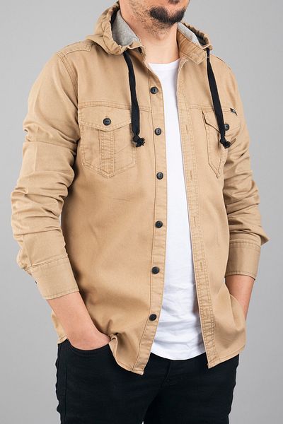 bombe Ανδρικό τζιν πουκάμισο με κουκούλα Slim Fit Μπεζ