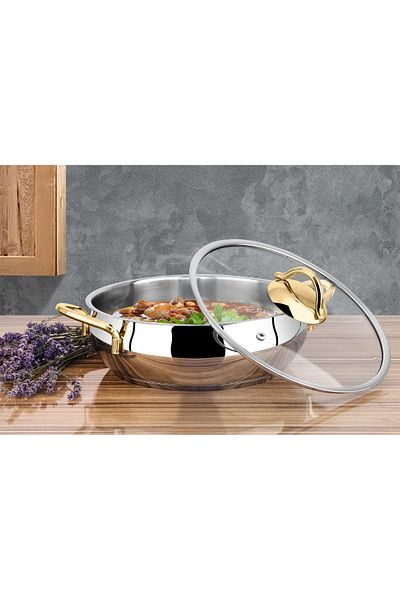 Lines Zeycan 28 Cm Flat Sphere Steel Pot Gold Metal Handle - 2 Pieces - Glass Lid