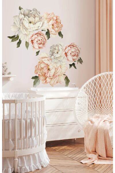 WALLHUMAN Αυτοκόλλητο τοίχου με λουλούδια παιώνιας (χρώμα σολομού)