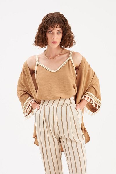 Sateen Beige Linen Loose Strap Blouse