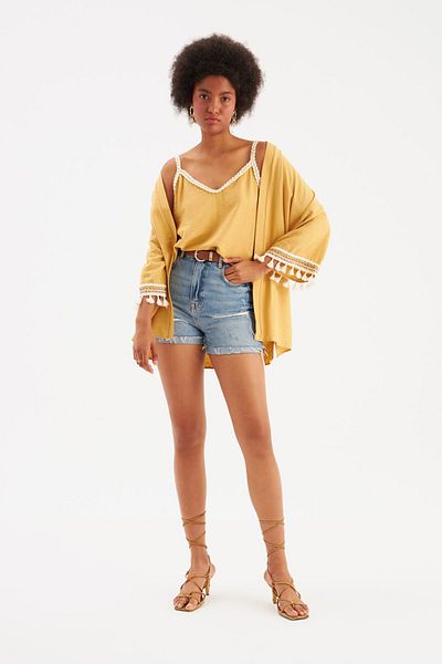 Sateen Casual Linen Kimono with Sleeve Detail - Saffron