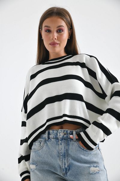 VOLT CLOTHİNG Kadın Bisiklet Yaka Çizgili Oversize Triko Kazak