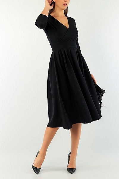 NKTCOLLECTİON Rochie de seară neagră de damă, cu guler dublu, țesătură Atlas, plisată, evazată, lungime midi Nkt-emr-58620