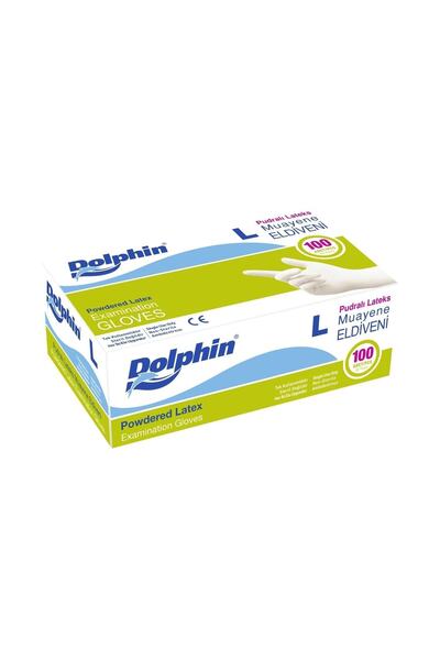 Dolphin Latex Pudralı Eldiven - Tıbbi Medikal Muayene Lateks Eldiven 100'lü Paket L (large) Beden