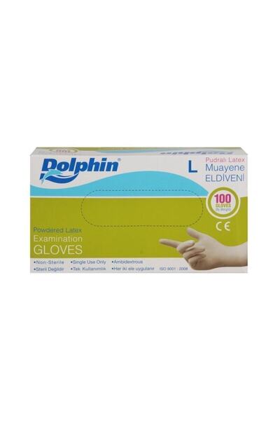 Dolphin Latex Pudralı Eldiven - Tıbbi Medikal Muayene Lateks Eldiven 100'lü Paket L (large) Beden