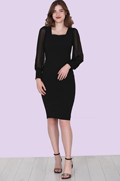 ZY BUTİK Black Square Neck Chiffon Long Sleeve Lycra Pencil Dress