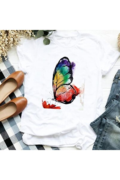 GALASHOP تي شيرت نسائي مطبوع عليه رسوم متحركة على شكل فراشة زهرة Md356
