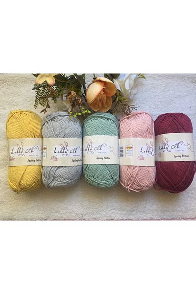 Körfez Hobi Market Σετ 5 100% βαμβακερό διάτρητο και νήμα Amigurumi (κίτρινο-γκρι-νερό πράσινο-πούδρα-μπορντό)