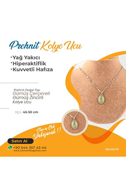 OSMANLI DEĞERLİ TAŞ Sertifikalı Prehnit Doğal Taş Kolye Ucu Gümüş Zincirle Dahil