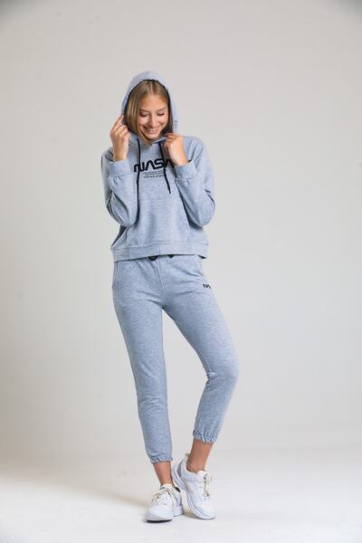 TarzOlur Γκρι Nasa με τύπωμα Γυναικεία αθλητική φόρμα με κουκούλα Αθλητική φόρμα