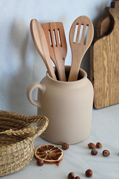 Mogolune Dekoratif Tezgah Üstü El Yapımı Koyu Bej Renk Seramik & Vazo & Kaşıklık