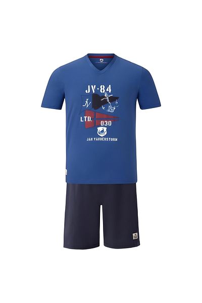 Nur Aka by Nurteks Men's Printed V-Neck Royal Blue Pajama Set