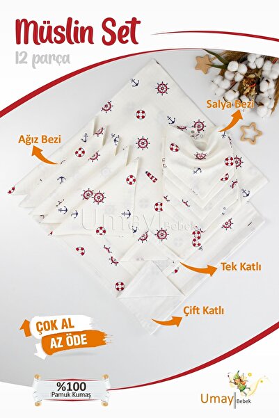 Umaybebek 12 Parça Organik Müslin Bebek Pikesi, Battaniyesi, Ağız Bezi, Salya...