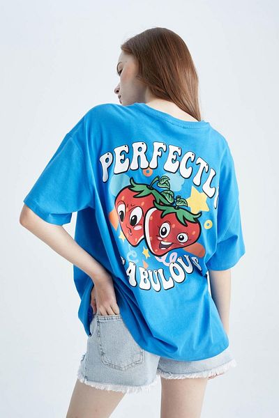 DeFacto Cool Oversize Fit Tričko Crew Neck Back Potištěné Krátký rukáv 100% bavlna