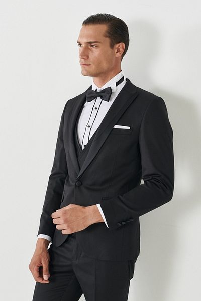 ALTINYILDIZ CLASSICS Men's Black Extra Slim Fit Slim Fit Mono Collar Patterned Vest Tuxedo Suit