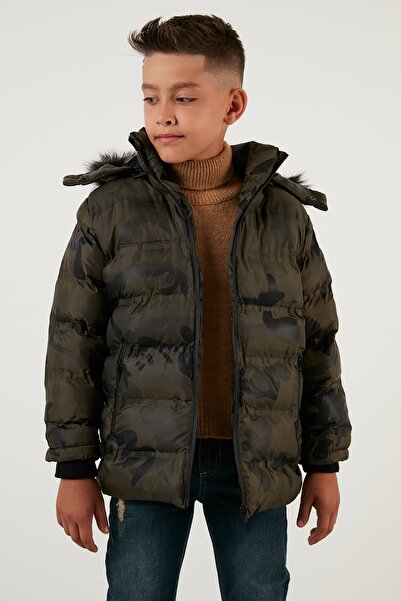 Lela Camouflage Patterned Plush Lined Removable Hooded Winter Coat with Pockets Boys' Coat 57600