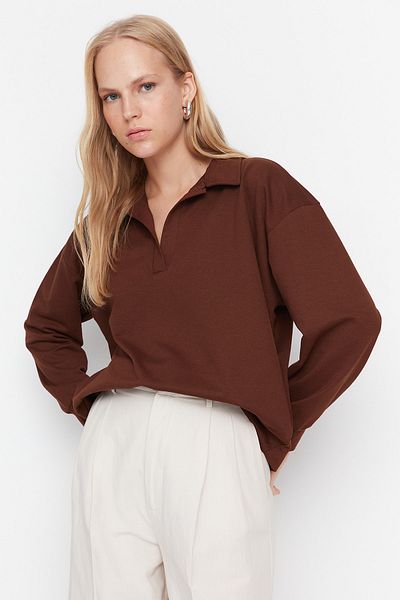 Trendyol Collection Кафяв обикновен тънък плетен суичър с поло яка с нормална кройка TWOAW23SW00003